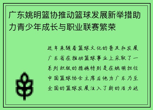 广东姚明篮协推动篮球发展新举措助力青少年成长与职业联赛繁荣