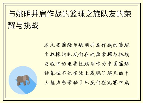 与姚明并肩作战的篮球之旅队友的荣耀与挑战